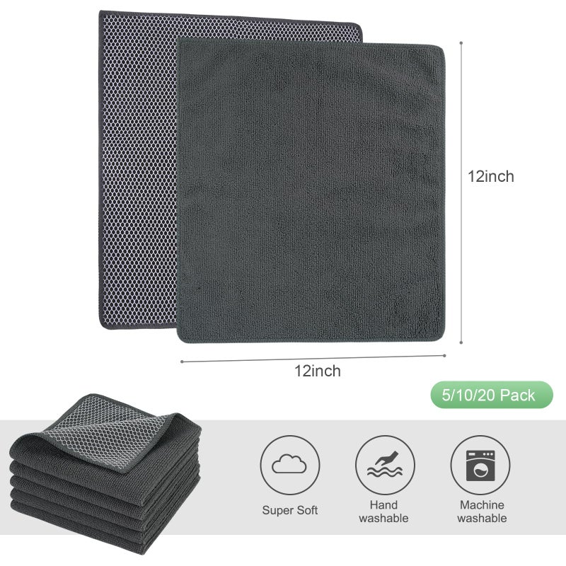 SINLAND Microfiber Dish Cloths Wash Clothes for Kitchen Best Kitchen Cloths Cleaning Cloth Poly Scour Side 12"x12" (5Pack, Dark Grey) - Image 2